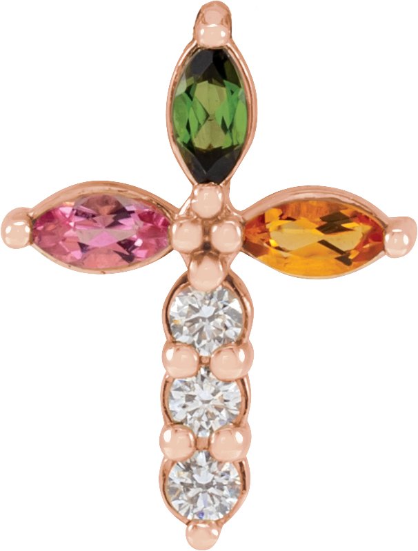 14K Gold Marquise Natural Diamond Cross Necklace or Pendant – 1/10 CTW - Rose Gold