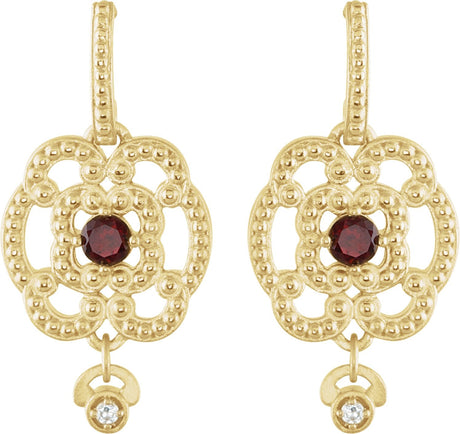 14K Gold Round Natural Mozambique Garnet & Natural Diamond Granulated Earrings – 3.5mm Stones - view 2