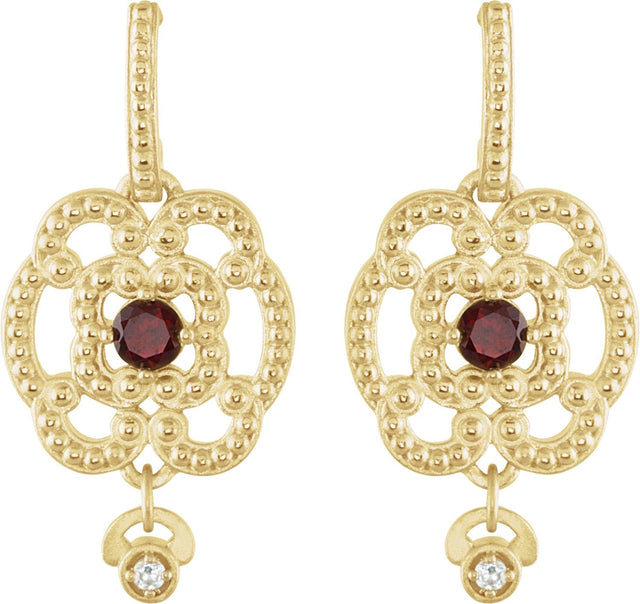 14K Gold Round Natural Mozambique Garnet & Natural Diamond Granulated Earrings – 3.5mm Stones - view 2