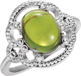 14K Gold Oval Natural Peridot Cabochon Ring - White Gold