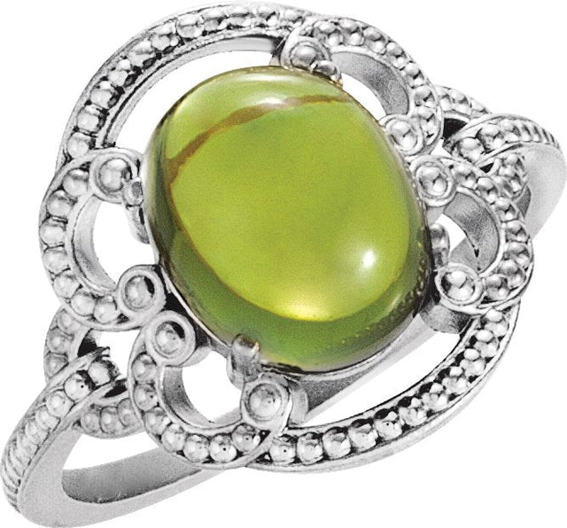 14K Gold Oval Natural Peridot Cabochon Ring - White Gold