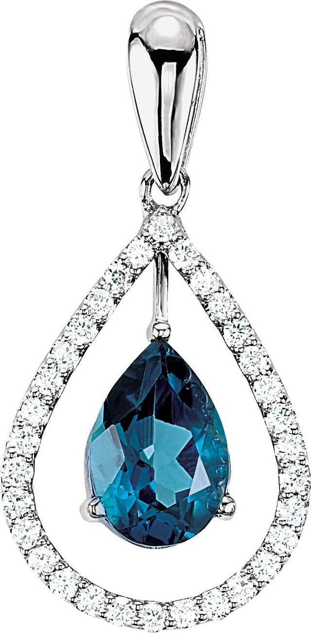 14K Gold Pear Natural London Blue Topaz & Natural Diamond Halo-Style Pendant
