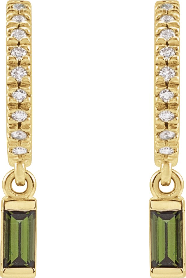 14K Gold Straight Baguette Natural Green Tourmaline & Natural Diamond French-Set Dangle Hoop Earrings - Rose Gold - view 3