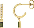14K Gold Straight Baguette Natural Green Tourmaline & Natural Diamond French-Set Dangle Hoop Earrings - Yellow Gold
