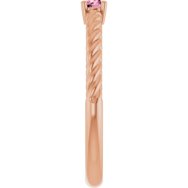 14K Gold Round Natural Pink Tourmaline Rope Solitaire Ring - Rose Gold - view 9