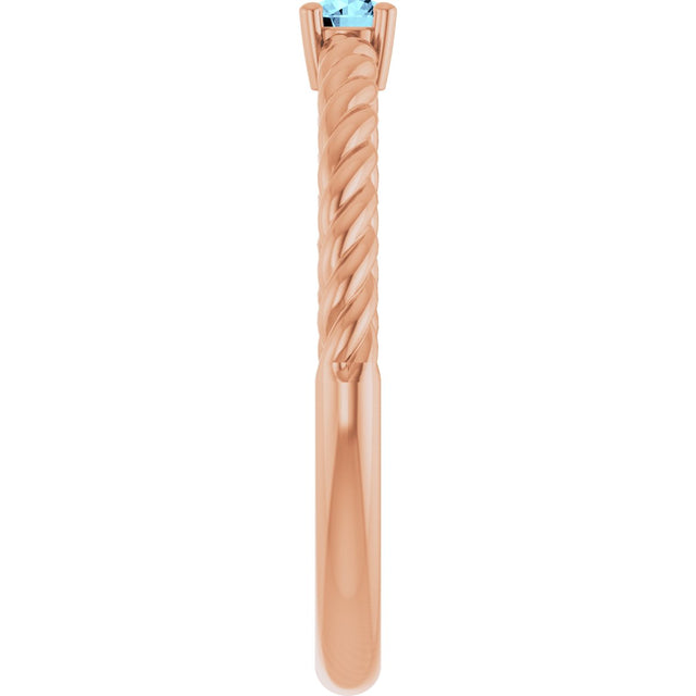 14K Gold Round Natural Aquamarine Rope Solitaire Ring - Rose Gold - view 9