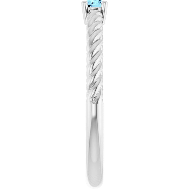 14K Gold Round Natural Aquamarine Rope Solitaire Ring - White Gold - view 8