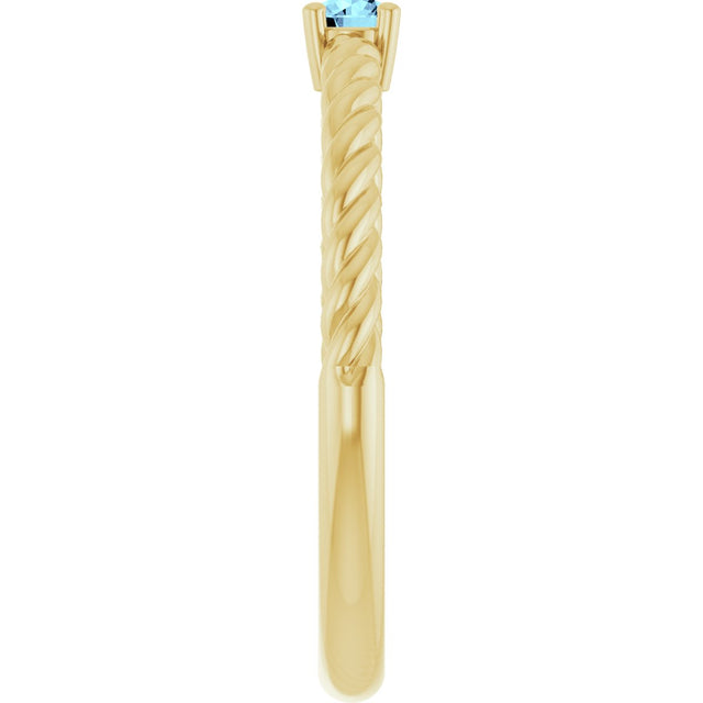 14K Gold Round Natural Aquamarine Rope Solitaire Ring - Yellow Gold - view 8