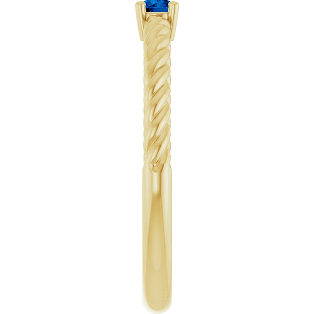 14K Gold Round Natural Blue Sapphire Rope Solitaire Ring - Yellow Gold - view 9