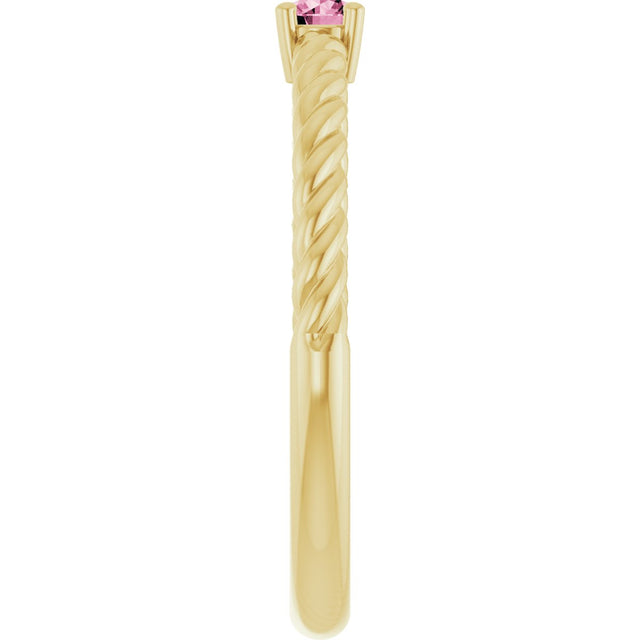 14K Gold Round Natural Pink Tourmaline Rope Solitaire Ring - Yellow Gold - view 8