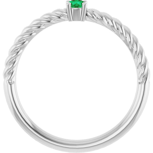 14K Gold Round Natural Emerald Rope Solitaire Ring - White Gold - view 7