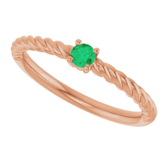 14K Gold Round Natural Emerald Rope Solitaire Ring - Rose Gold - view 10