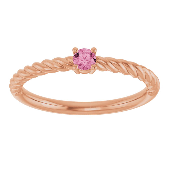 14K Gold Round Natural Pink Tourmaline Rope Solitaire Ring - Rose Gold - view 8