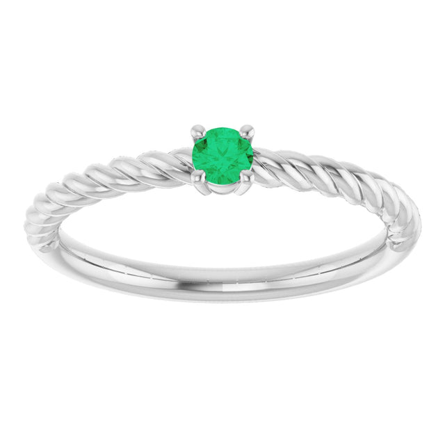 14K Gold Round Natural Emerald Rope Solitaire Ring - White Gold - view 8