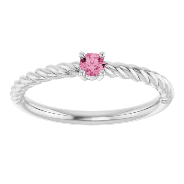 14K Gold Round Natural Pink Tourmaline Rope Solitaire Ring - White Gold - view 9