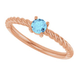 14K Gold Round Natural Aquamarine Rope Solitaire Ring - Rose Gold - view 10