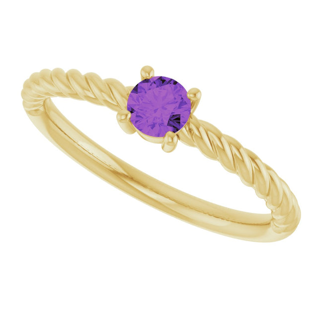 14K Gold Round Natural Amethyst Rope Solitaire Ring - Yellow Gold - view 6