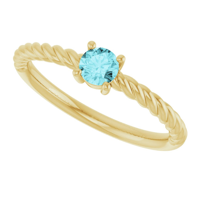 14K Gold Round Natural Blue Zircon Rope Solitaire Ring - Yellow Gold - view 8