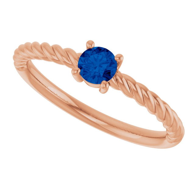 14K Gold Round Natural Blue Sapphire Rope Solitaire Ring - Rose Gold - view 10