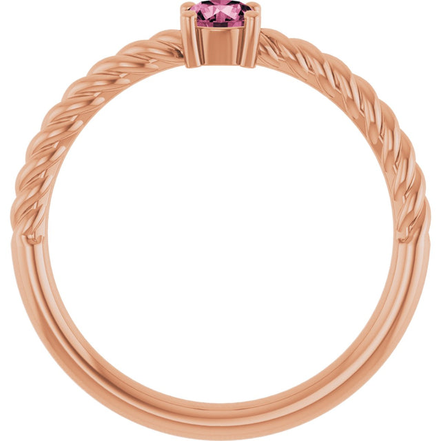 14K Gold Round Natural Pink Tourmaline Rope Solitaire Ring - Rose Gold - view 7