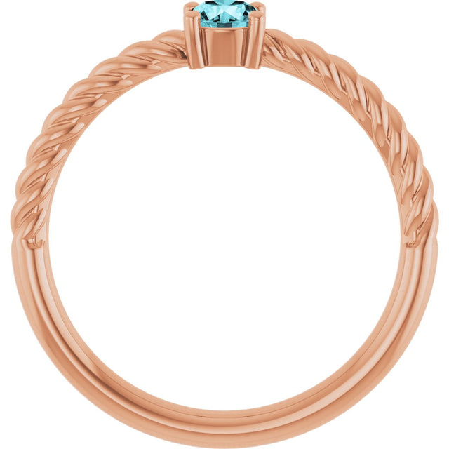 14K Gold Round Natural Blue Zircon Rope Solitaire Ring - Rose Gold - view 7