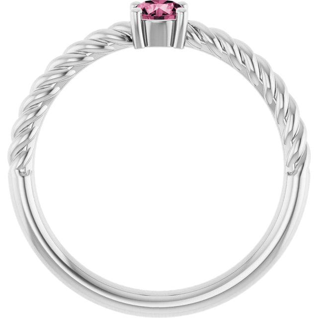 14K Gold Round Natural Pink Tourmaline Rope Solitaire Ring - White Gold - view 7