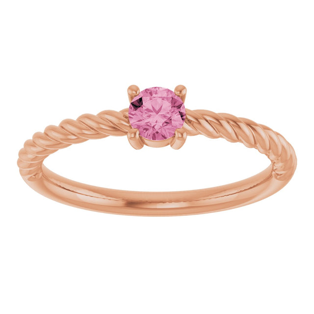 14K Gold Round Natural Pink Tourmaline Rope Solitaire Ring - Rose Gold - view 8