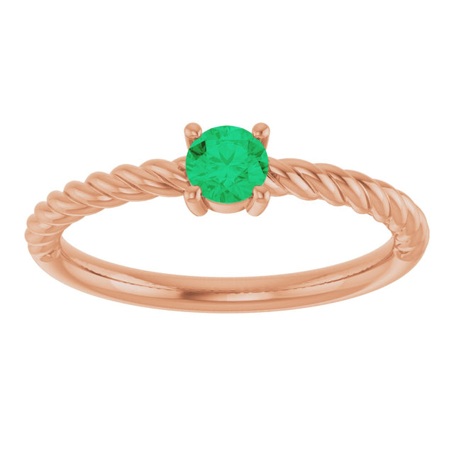 14K Gold Round Natural Emerald Rope Solitaire Ring - Rose Gold - view 8