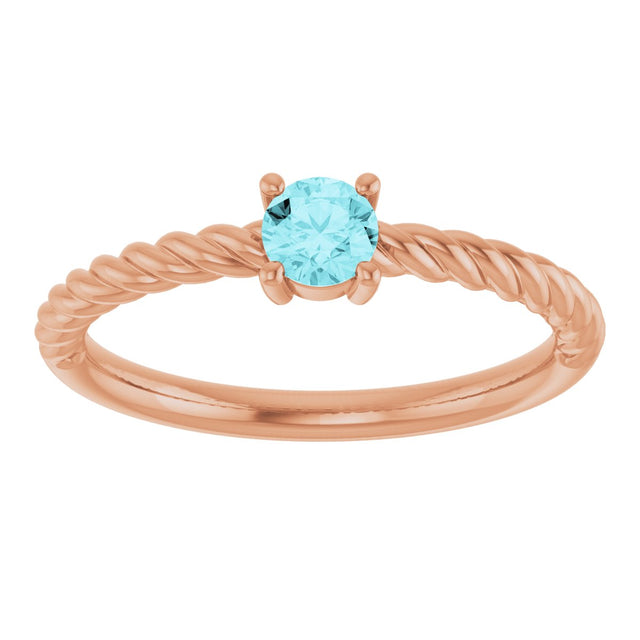14K Gold Round Natural Blue Zircon Rope Solitaire Ring - Rose Gold - view 8