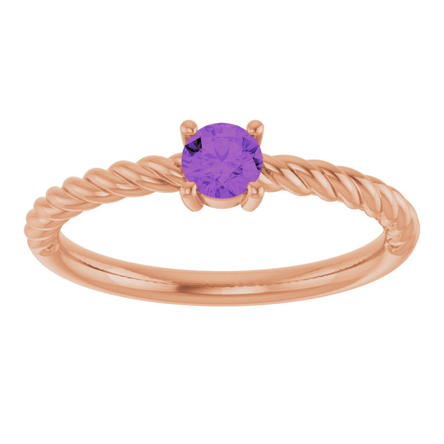 14K Gold Round Natural Amethyst Rope Solitaire Ring - Rose Gold - view 8