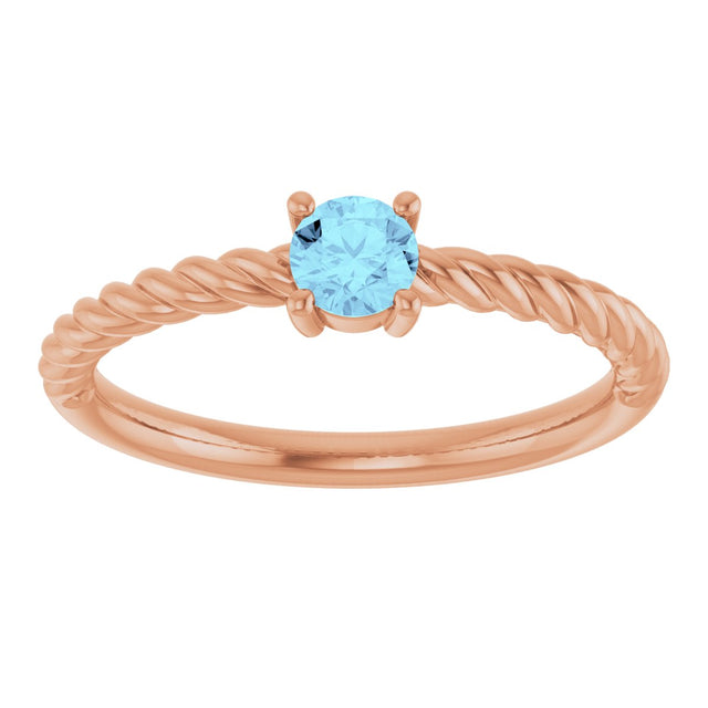 14K Gold Round Natural Aquamarine Rope Solitaire Ring - Rose Gold - view 8