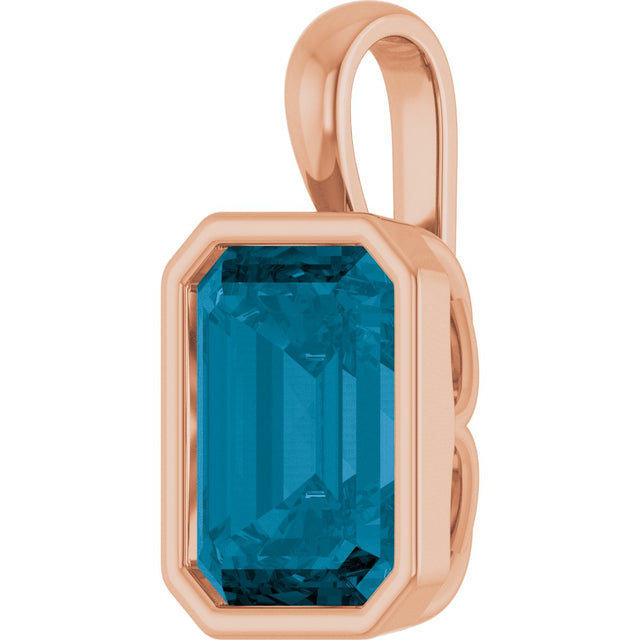 14K Gold Emerald Natural London Blue Topaz Solitaire Pendant - Rose Gold - view 2