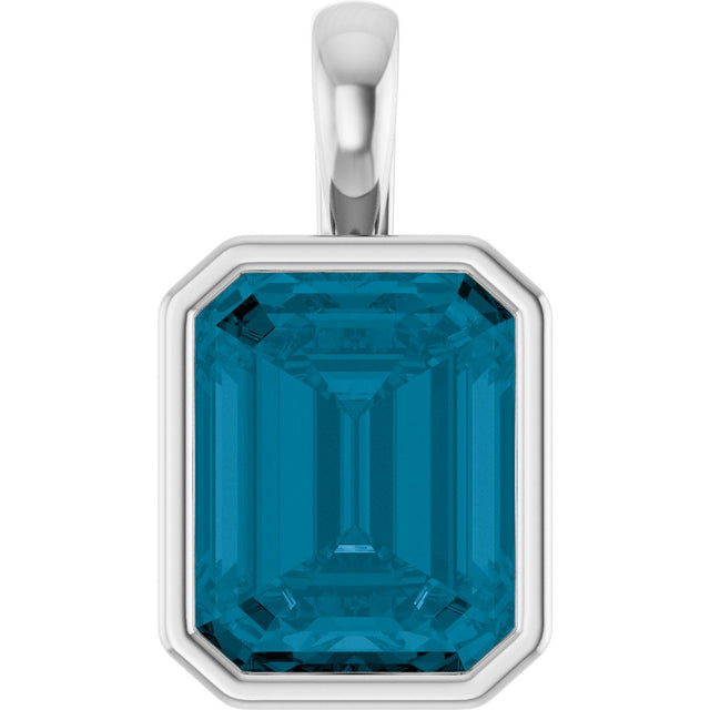 14K Gold Emerald Natural London Blue Topaz Solitaire Pendant - White Gold