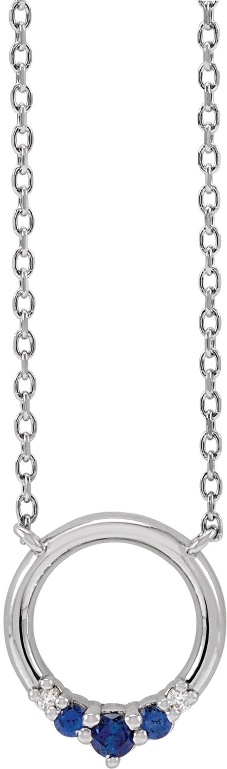 14K Gold Round Natural Blue Sapphire & Natural Diamond Circle Necklace - White Gold