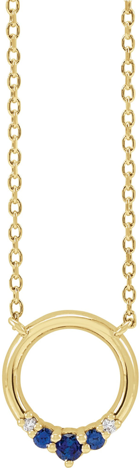 14K Gold Round Natural Blue Sapphire & Natural Diamond Circle Necklace - Yellow Gold