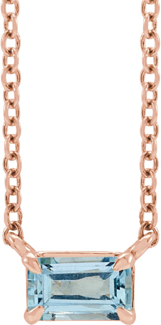 14K Gold Natural Aquamarine Emerald Claw-Prong Solitaire Necklace - Rose Gold - view 3