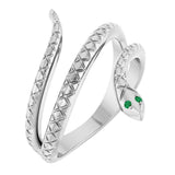 14K Gold Round Natural Emerald Snake Ring - White Gold