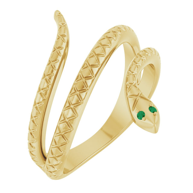 14K Gold Round Natural Emerald Snake Ring - Yellow Gold