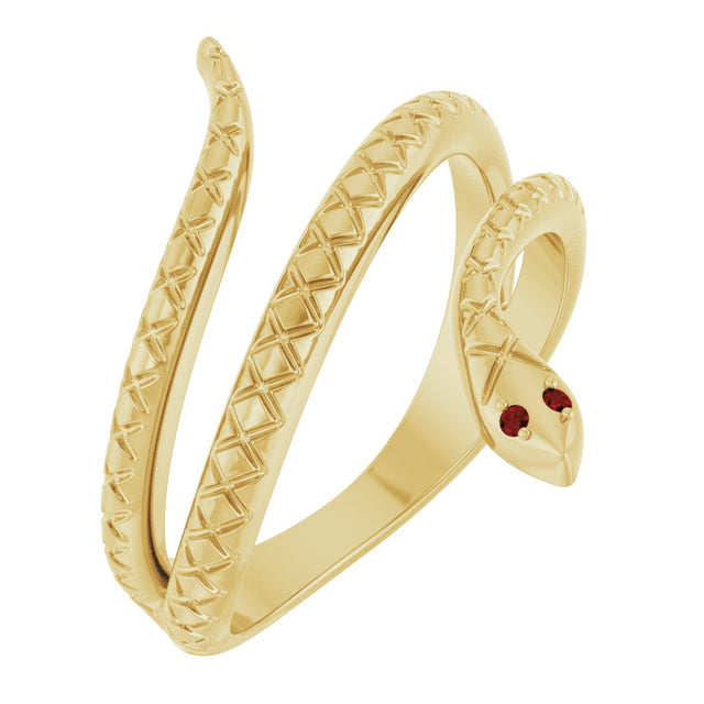14K Gold Round Natural Mozambique Garnet Snake Ring - Yellow Gold