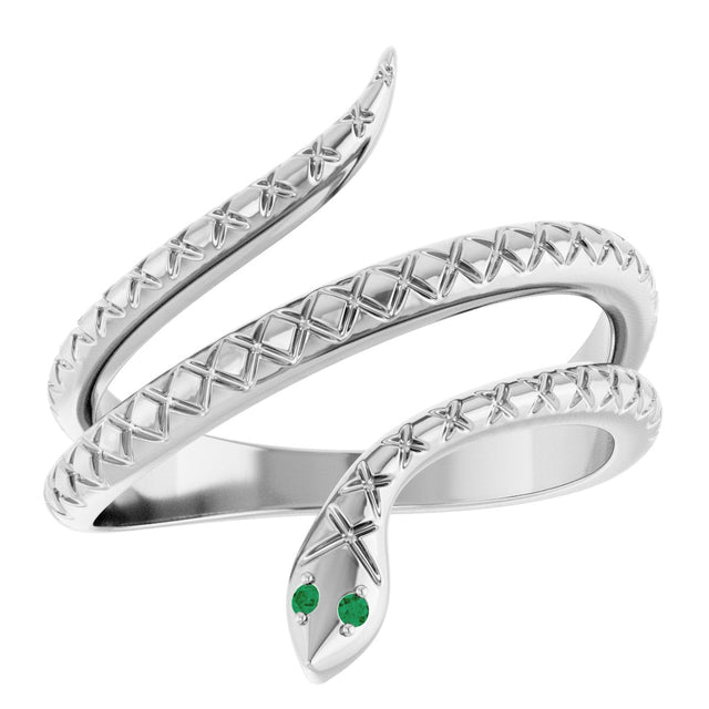 14K Gold Round Natural Emerald Snake Ring - White Gold - view 3
