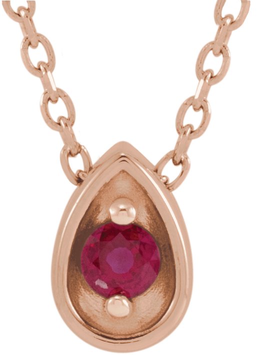 14K Gold Round Natural Ruby Teardrop Necklace or Slide Pendant - Rose Gold