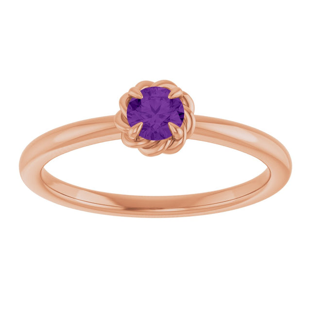 14K Gold Round Natural Amethyst Claw-Prong Rope Solitaire Ring - Rose Gold - view 8