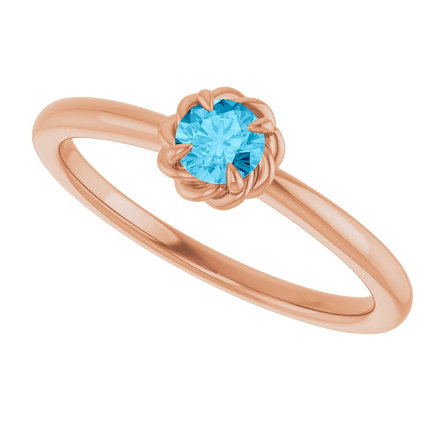 14K Gold Round Natural Aquamarine Claw-Prong Rope Solitaire Ring - Rose Gold - view 10