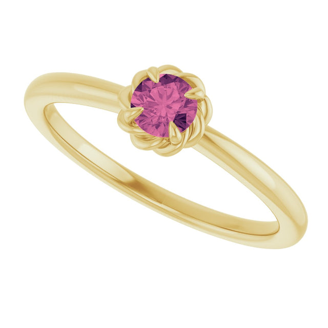 14K Gold Round Natural Pink Tourmaline Claw-Prong Rope Solitaire Ring - Yellow Gold - view 10