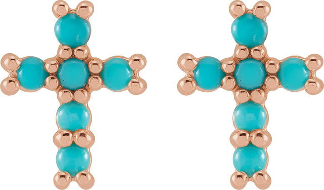 14K Gold Round Natural Turquoise Cross Earrings - Rose Gold - view 5