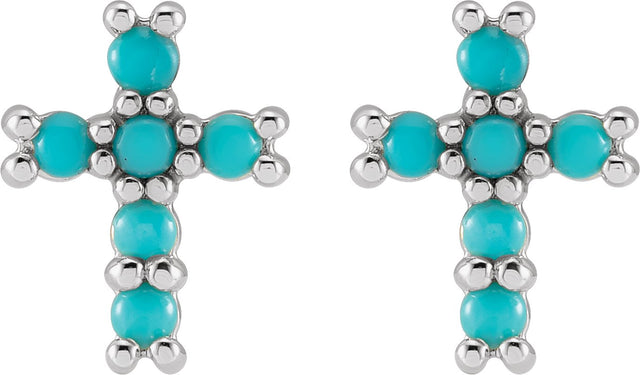 14K Gold Round Natural Turquoise Cross Earrings - White Gold - view 4