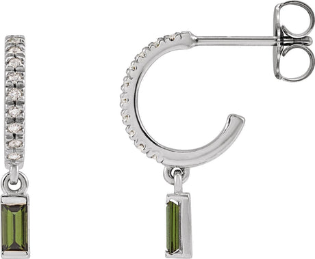 Platinum Straight Baguette Natural Green Tourmaline & Natural Diamond French-Set Dangle Hoop Earrings