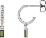 14K Gold Straight Baguette Natural Green Tourmaline & Natural Diamond French-Set Dangle Hoop Earrings - White Gold