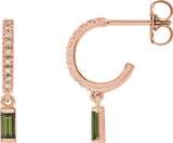 14K Gold Straight Baguette Natural Green Tourmaline & Natural Diamond French-Set Dangle Hoop Earrings - Rose Gold