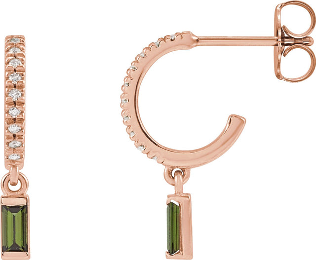 14K Gold Straight Baguette Natural Green Tourmaline & Natural Diamond French-Set Dangle Hoop Earrings - Rose Gold